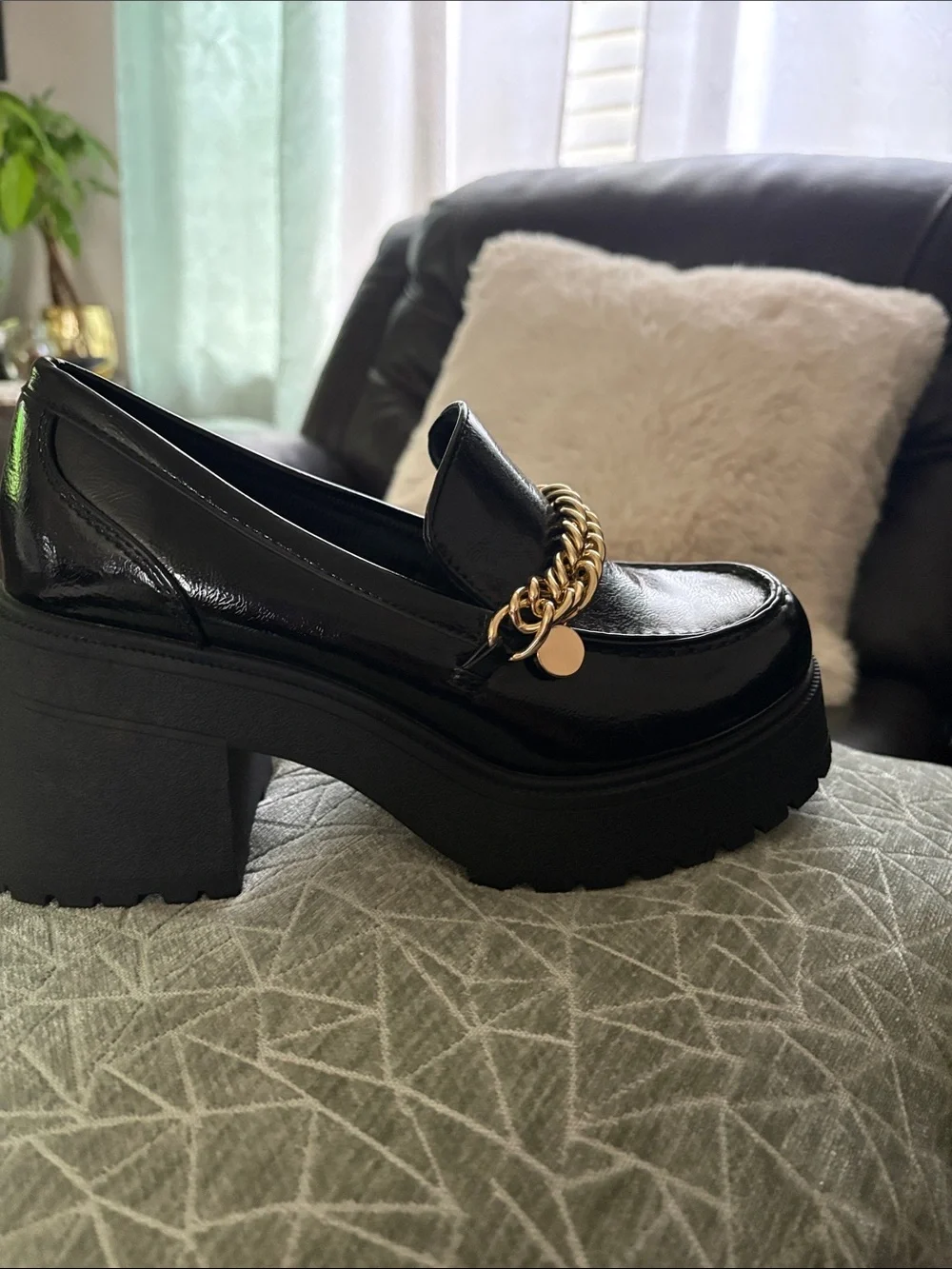 Black Platform Loafer with Gold Chain Accent - Women's Shoes